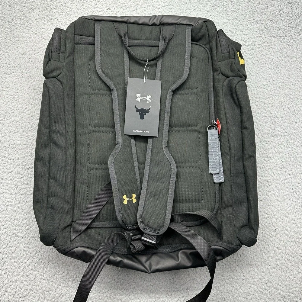 NWT Under Armour 1376459-002 UA Project Rock Duffle Backpack Black/Gold Gym Bag